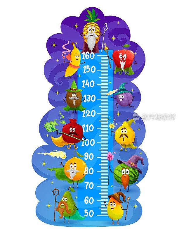 Kids height chart with cartoon magician fruits